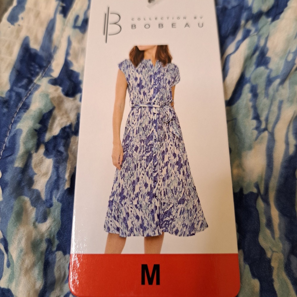 Bobeau Midi Dress Womens Medium Blue NWT Abstract Extended Shoulder 1483-350